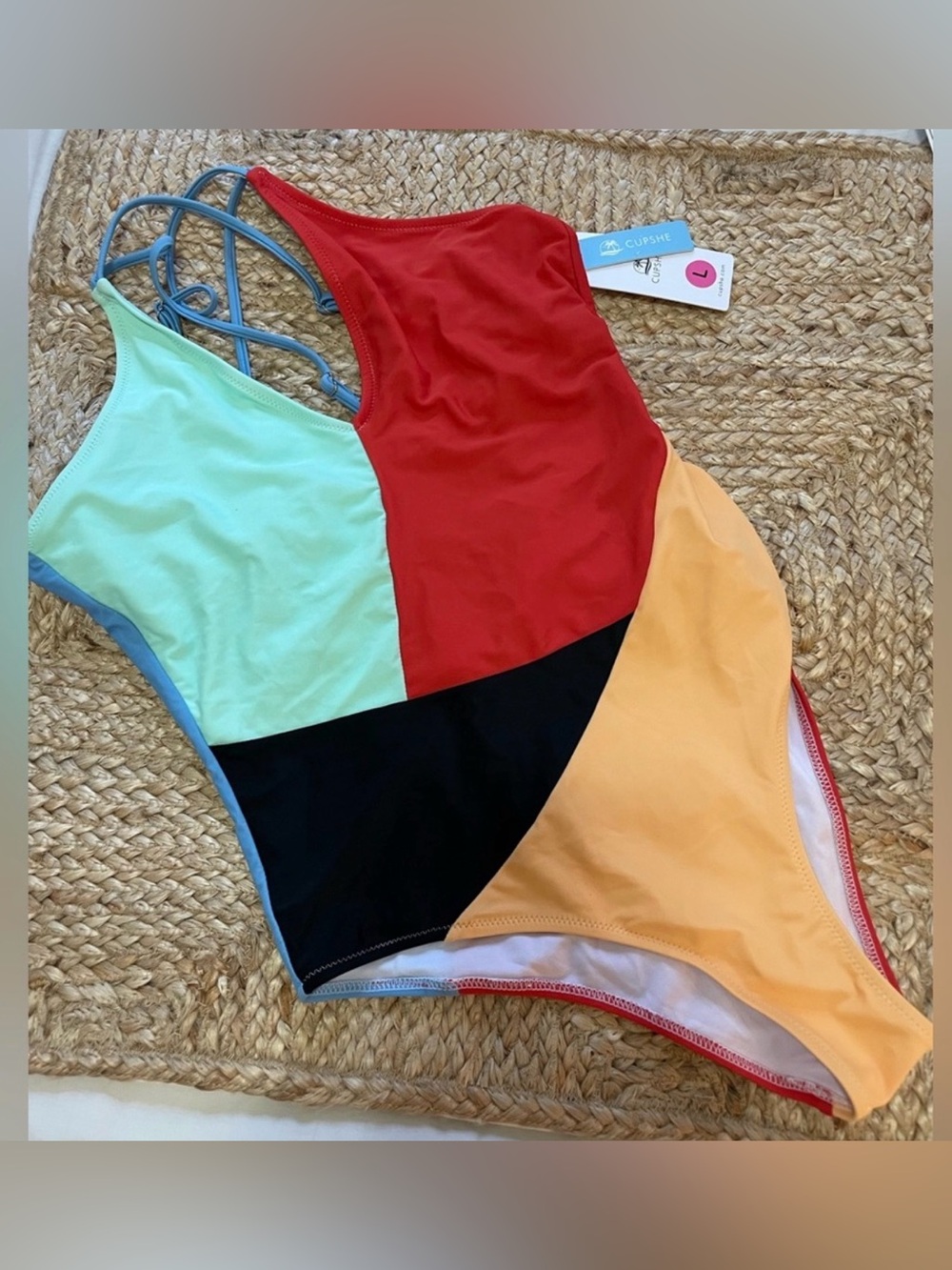 Cupshe red blue black crossed straps back bathing suit one piece size L